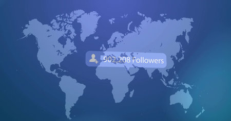 Displaying translucent follower bubble over world map, showing user-plus icon and 902,208 Followers. Global, dashboard, analytics, data, metrics, gradient, glowの写真素材
