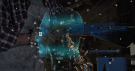 Displaying cyan hologram head with sensor icons over metal shop, worker wearing plaid apron....