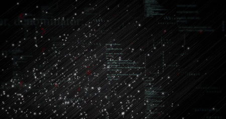 Pulsing field of glowing dots forming diagonal streaks in virtual UI, with teal code, red markers. Cyberspace, particles, neon, matrix, visualization, network, interfaceの写真素材