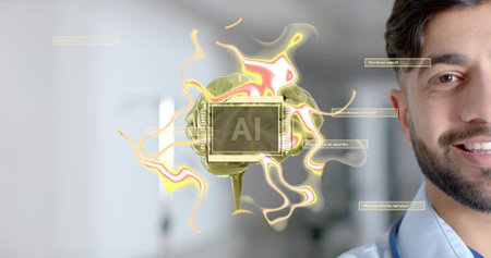 Viewing blue-shirt doctor studying AI brain hologram at clinic corridor stethoscope, copy space....