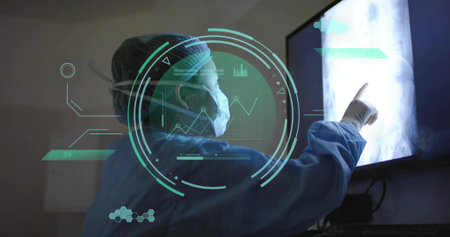 Pointing female doctor in scrubs and mask examining X-ray display in radiology room, teal AR HUD....