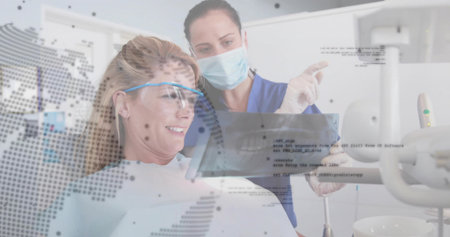 Showing tablet, dentist in scrubs, mask, gloves guiding patient with bib, eyewear in chair overlay....