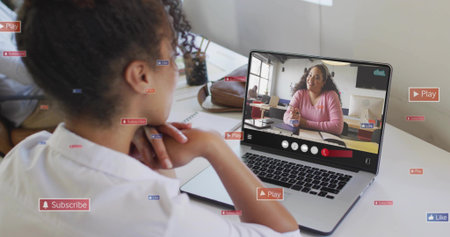 Leaning woman in white shirt joining call at home, laptop showing presenter with bottle, copy space....