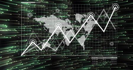 Displaying white zigzag line graph centered on virtual dashboard, showing dotted world map and grid....