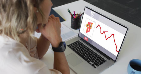 Leaning midadult woman wearing light blouse and watch studying NFT market on laptop, copy space....