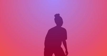 Standing woman silhouette leaning, wearing bun, short-sleeve top in studio, pink-purple gradient. Figure, minimal, contrast, poise, calm, photographyの写真素材