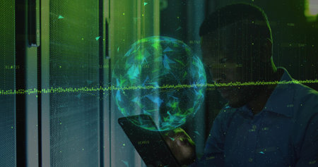 Holding tablet, man in shirt studying 3D globe at data hub, waveform and racks, copy space. Neon,...