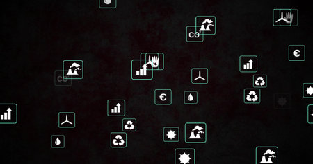 Displaying mint tiles cluster floating on dark canvas, showing charts, recycling, water, euro, CO2. Infographic, dashboard, icons, energy, finance, sustainability, minimalistの写真素材