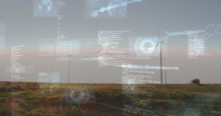 Standing single wind turbine rotating over grass field at dawn, with copy space. Windfarm, rotor,...