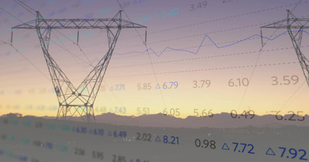 Framing left high-voltage transmission tower against sunset sky, showing data overlay, copy space....