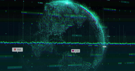Displaying point-cloud globe rotating in data UI, showing waveform, grid, map-pin 968, heart 51:20....