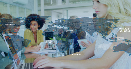 Typing woman in white lace, working on laptop in meeting room, with data overlay, copy space....