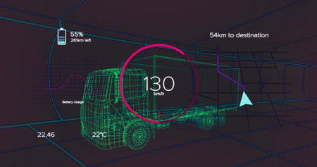 Displaying neon-green-wireframe-semi-truck in 3D grid tunnel, showing 130 km or h gauge, 55%, 54km. Dashboard, augmented, realtime, simulation, telemetry, battery, temperatureの写真素材