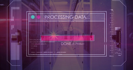 Displaying PROCESSING DATA... HUD overlay in data aisle, showing magenta progress bar and rack LEDs. Datacenter, server, interface, futuristic, neon, purple, pinkの写真素材