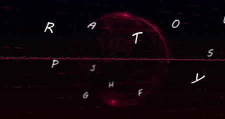 Pulsing particle globe centered on black showing red dotted waveform, floating letters, readouts. Sphere, dots, neon, glow, grid, holographic, futuristicの写真素材