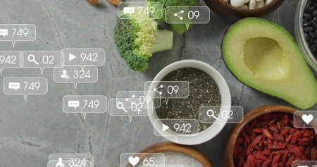 Displaying white ceramic bowl of chia seeds on gray countertop, with halved avocado and overlays....