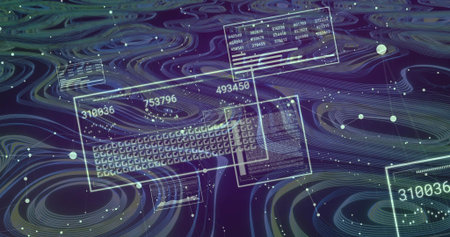 Displaying center HUD panels and keyboard over swirling contour waves, showing numbers and nodes....