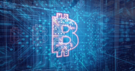 Glowing Bitcoin symbol pulsing in digital network, showing neon outline, circuit-pattern interior....