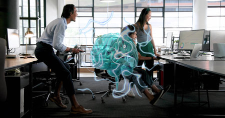 Projecting teal AR brain hovering above chairs in office, colleagues in casual shirts at monitors....