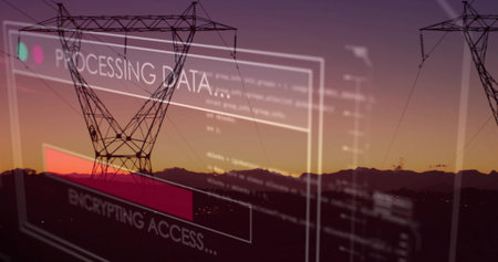 Silhouetting tower spanning power lines at dusk, overlaying digital interface. Pylons,...
