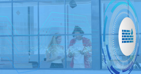 Examining plants, man in red jacket and woman in white top by glass. Office, colleagues, greenery,...