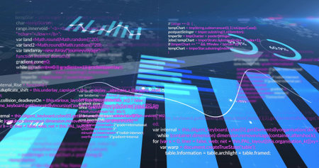 Displaying neon data visual showing glowing vertical bars and waveform in 3D dashboard, with code. Futuristic, cybernetic, analytics, interface, holographic, grid, depthの写真素材