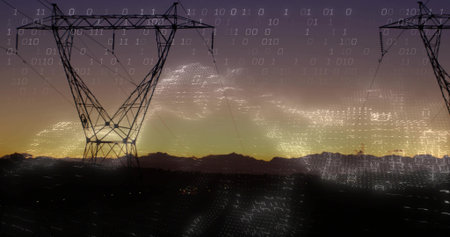 Dominating steel lattice pylon standing left of center at dusk, with power lines and binary overlay....
