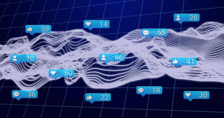 Flowing white 3D waveform mesh forming peaks across dark blue grid, showing social icons, counts....