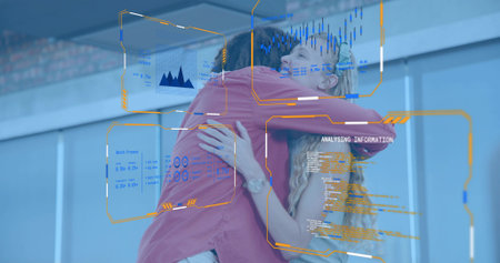Embracing coworkers in red longsleeve shirt and sleeveless top in office with AR panels, wristwatch....