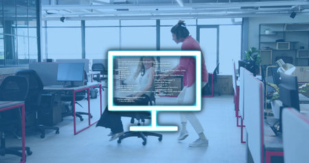 Talking coworkers woman in blouse and skirt and man in red sweater in office neon overlay....