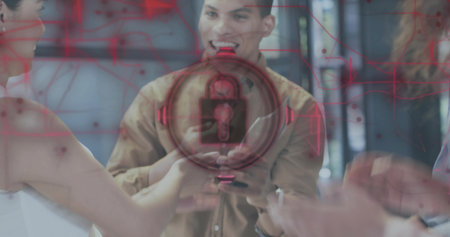 Reaching group around hologram padlock with hands in room, woman in white dress, red grid overlay. Holographic, collaboration, interface, demonstration, augmented, translucent, reflectiveの写真素材