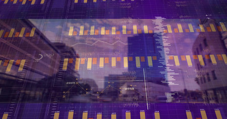 Displaying composite data visuals merging with urban skyline at city center with gold bar charts....