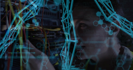 Checking female tech adjusting server rack at data center, wearing dark top, LED lights, copy space....