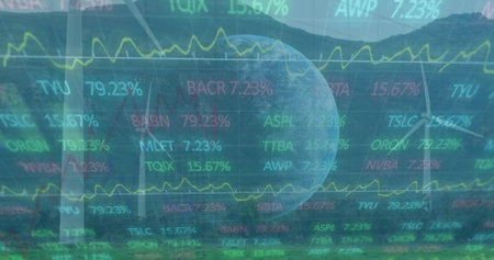 Overlaying market tickers and percentages covering mountain ridge at dusk, with yellow line graph....