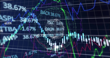 Displaying central candles chart with wire globe on trade screen, showing lines, percents, tickers. Dashboard, finance, analytics, dataviz, fintech, neural, networkの写真素材