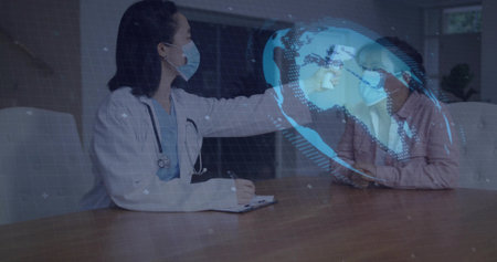 Reaching doctor wearing lab coat and stethoscope consulting masked patient at clinic with hologram....