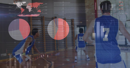 Facing basketball player wearing blue jersey 17 standing on gym court with data overlay, copy space. Parquet, drill, teamwork, arena, uniforms, practice, analyticsの写真素材
