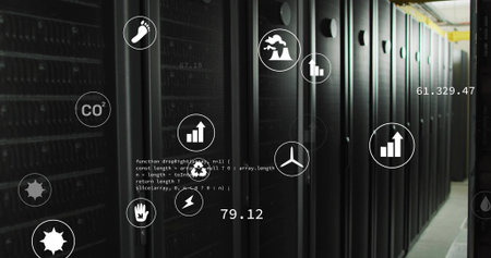 Displaying black server racks in datacenter aisle, showing HUD, numeric readouts and code. Cabinet,...