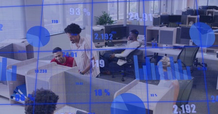Consulting pair leaning over cubicle at open office, red top and light shirt, blue data overlays....