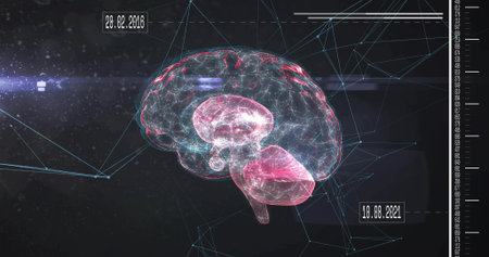 Floating 3D wireframe brain model pulsing in HUD space, showing network lines, date labels, scale....