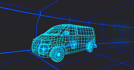 Glowing wireframe van rotating in dark tunnel corridor, showing wheels, windows, mirrors, grid. Mesh, neon, cyan, polygon, perspective, futuristic, renderingの写真素材