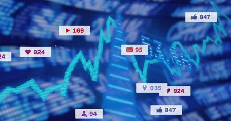 Displaying turquoise zigzag graph tracing analytics trends across digital dashboard, with badges....