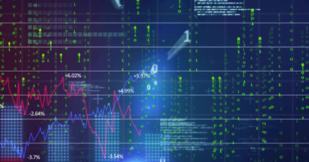 Displaying data display on screen showing red blue graphs with % labels streaming green binaries....