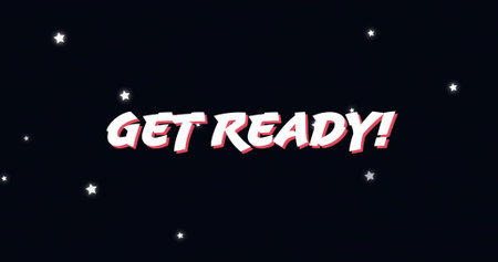 Displaying centered stylized GET READY! headline dominating dark navy field, showing white stars. Bold, typography, flat, graphic, cosmic, night, spaceの写真素材