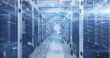 Displaying central server corridor in data center, showing rack servers, glass doors, HUD overlay....