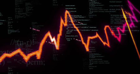 Pulsing orange waveform stretching across virtual canvas, intersecting C++ code, math, magenta glow....