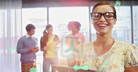 Showing front woman wearing floral blouse and glasses holding tablet in bright office, AR overlays. Collaboration, teamwork, professional, modern, workspace, daylight, cityscapeの写真素材