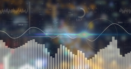 Displaying data HUD over blurred night city, showing bar chart, sine line, gauge, map. Dashboard,...