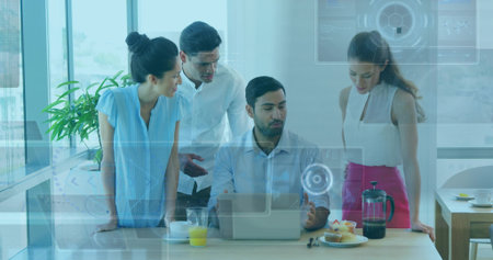 Reviewing four coworkers in business attire consulting laptop at modern office, with HUD overlays. Team, collaboration, presentation, analytics, daylight, cityscape, productivityの写真素材