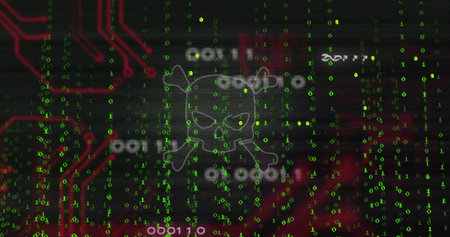 Glowing skull-and-crossbones outline floating on HUD, showing falling green code and red traces. Cyber, malware, neon, binary, circuitry, display, hackerの写真素材